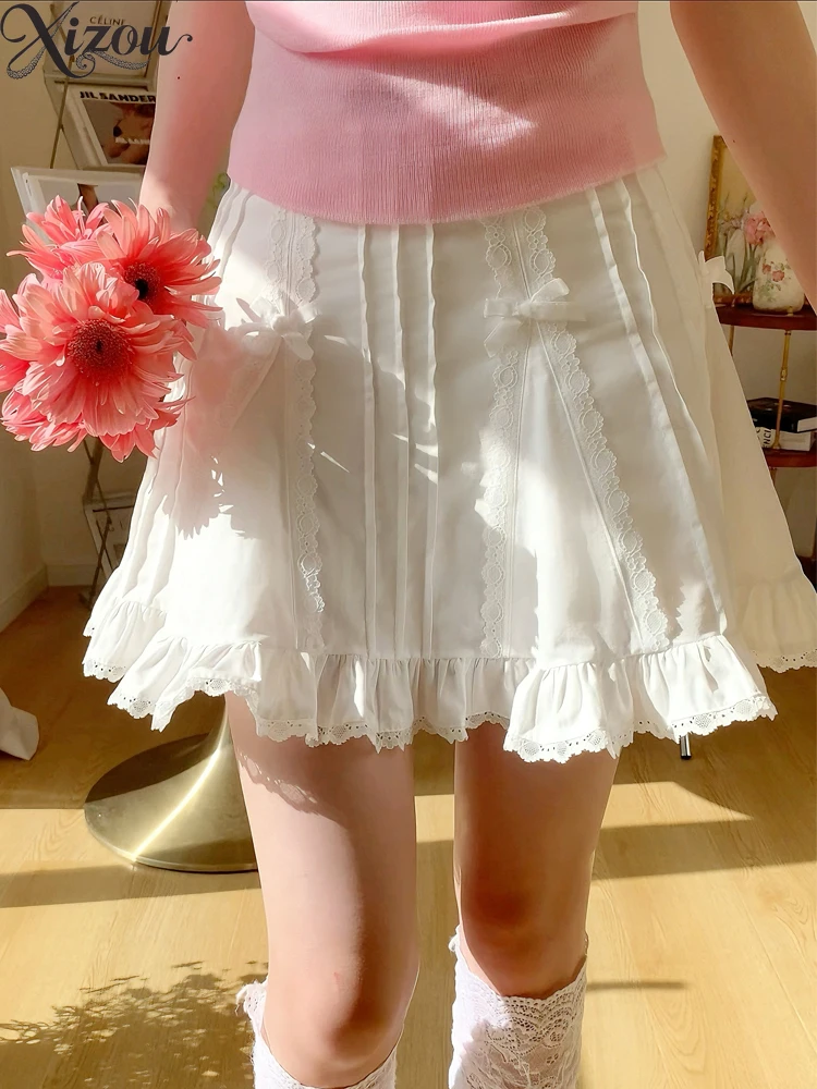 

2025 Summer Women White Cake Skirt Elastic High Waist Slim A-line Simple Fluffy Bow Lace Girl French Hip Short Ruched Mini