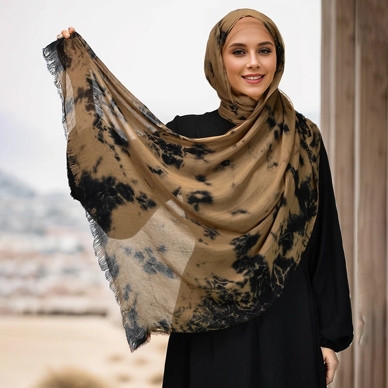

Модный мусульманский хиджаб с принтом, дышащие хиджабы, вискоза, тканые разноцветные шали с принтом тай-дай, мусульманский женский платок на голову, хиджабы
