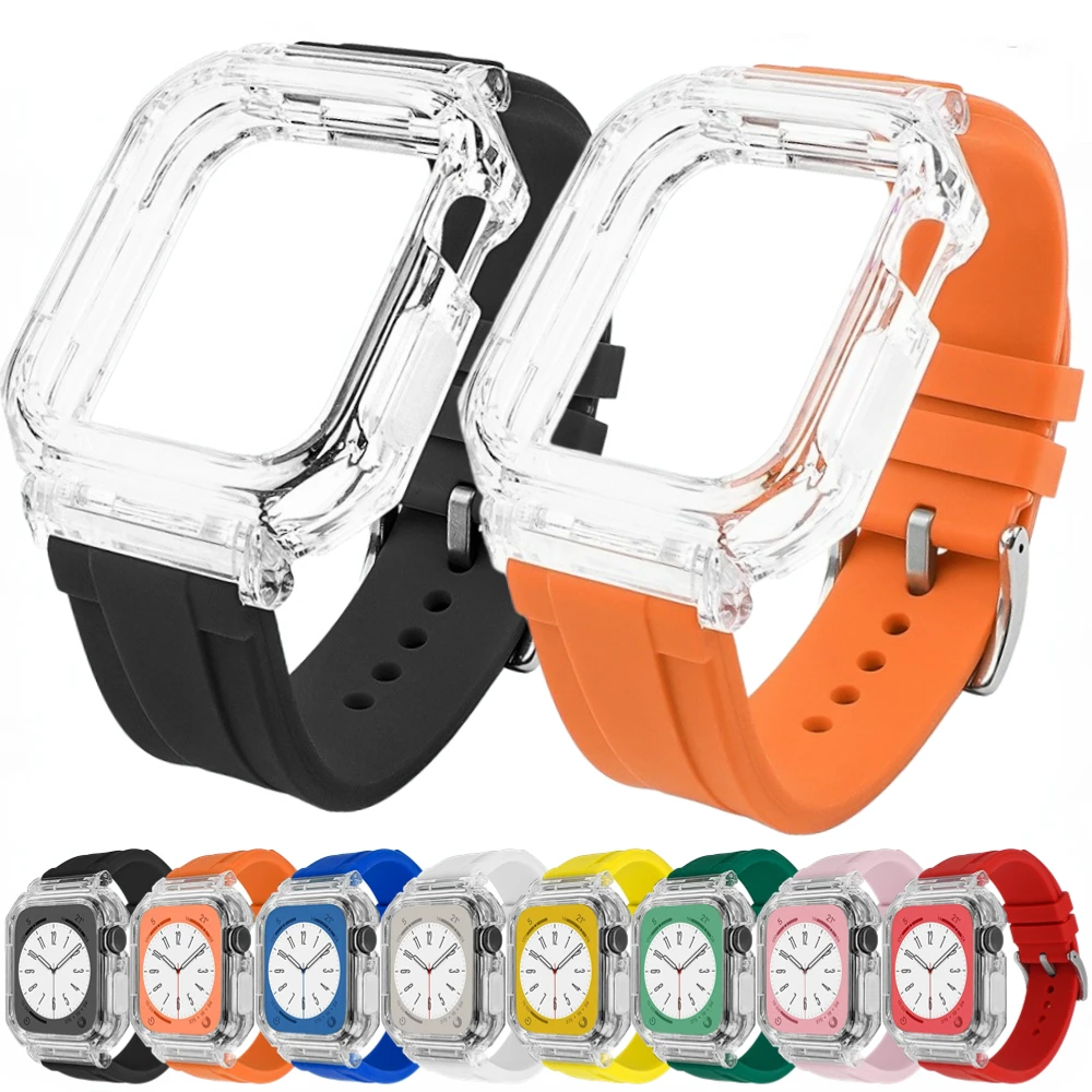 

Silicone Strap and Transparent Case for Apple Watch 8/7 45mm/41mm Correa iWatch 6/5/4/3/SE 44mm/42mm/40mm/38mm Protective Cover