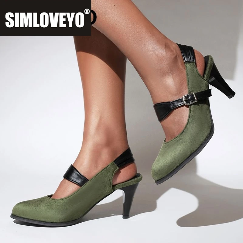 

SIMLOVEYO Новый дизайн Женские сандалии с круглым носком на высоком каблуке 7,5 см Пряжки из флока-замши Большой размер 41 42 43 Повседневная обувь для отдыха