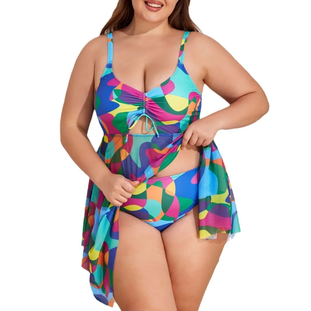 

Plus Size Sexy Mesh Skirt Two-Piece Swimsuit Set Women's Swimdress Bathing Suit Swimwear with Skirt Belly cover swimsuit skirt