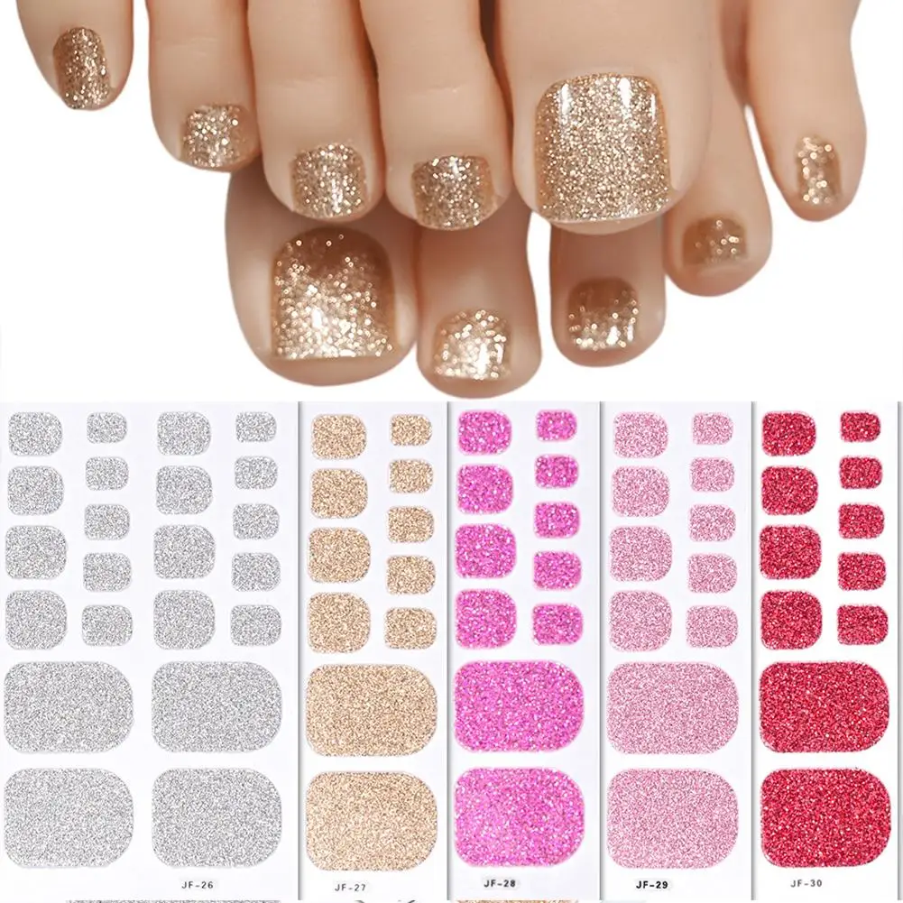 1 pçs 22 dicas gradiente glitter dedo do pé cheio envoltórios de unhas 3d adesivos tiras brilhantes omber cozimento toe polonês livre rosa/roxo/blu n8d0