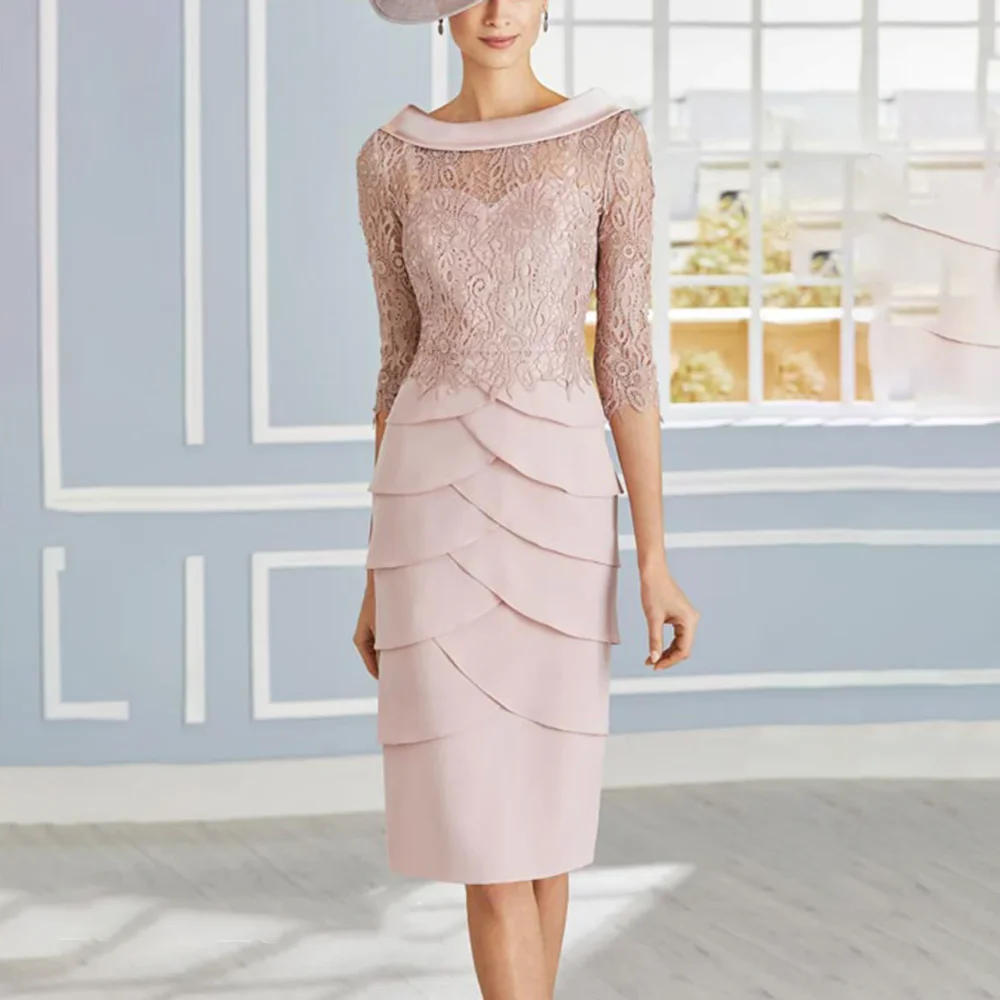 Customized Blush Pink Fold Off Shoulder Mother Of Bride Dresses Floral Lace 3/4 Sleeve Tiered Ruffle Midi Wedding Guest Dress