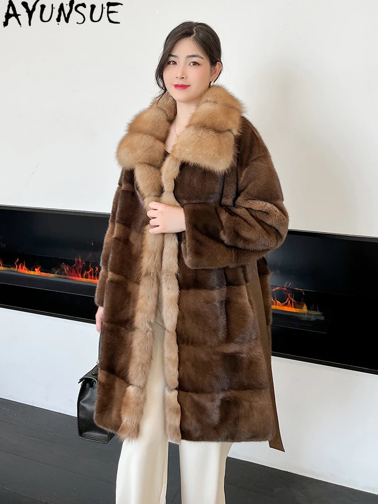 

AYUNSUE 2025 Natural Velvet Mink Fur Coat Woman Mid Length Whole Mink Coats for Woman Clothes High Quality Winter Шуба Женская