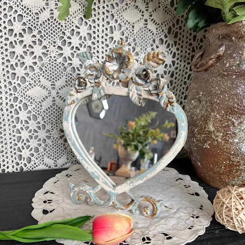 

American European Vintage Iron Rose Heart-shaped Tabletop Mirror for Decoration