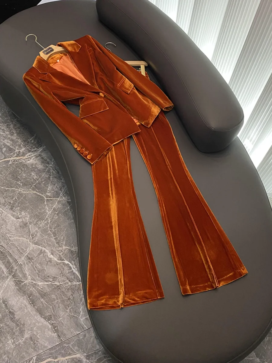 2023 Quality Velvet Designed Lady Solid Office Suit Single Button Long Sleeve Blazer Flared Pants Women 2Pcs Brown