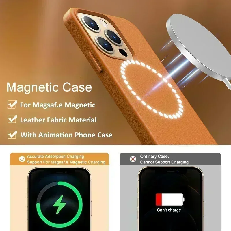 Z oficjalną animacją skórzanego etui magnetycznego Magsafe do iPhone'a 13 14 Pro Max Mini Plus odporne na wstrząsy etui na telefony akcesoria