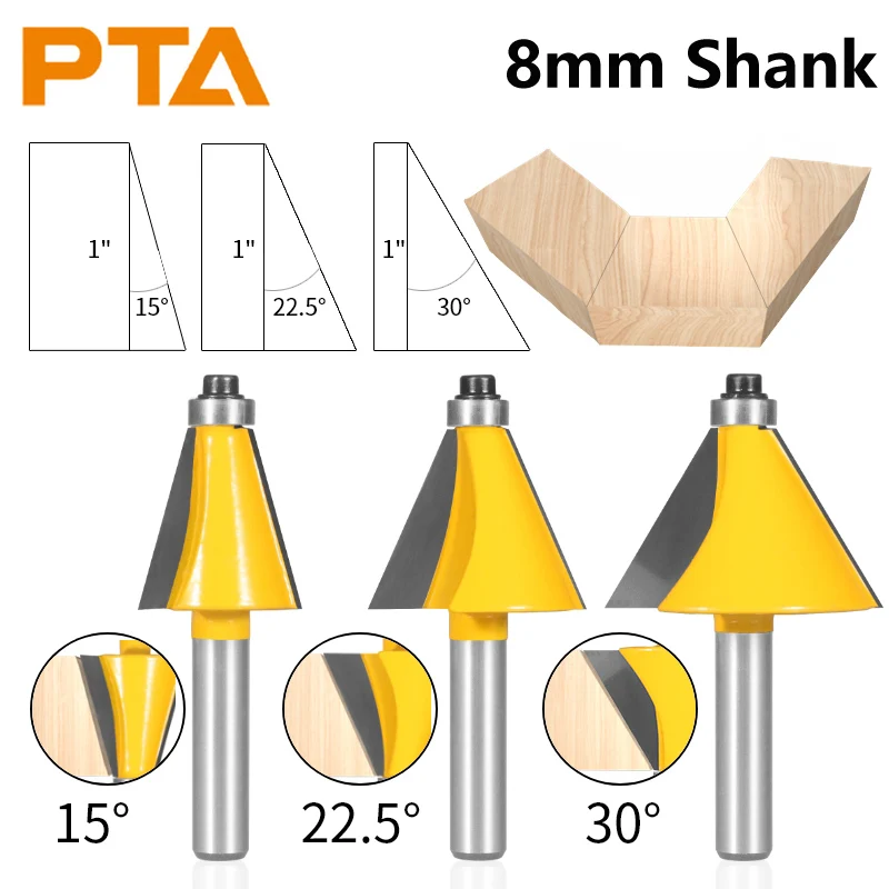 PTA 8MM 15/22.5/30 Degree Chamfer Bevel Edging Router Bit Woodworking Milling Cutter For Wood Face Mill