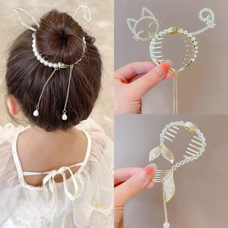 Blue Red Butterfly Bun Ponytail Buckle Holder Hair Clips Elegant Hairpin Hanging Pearl Tassel High Ponytail Hair Claw for Women