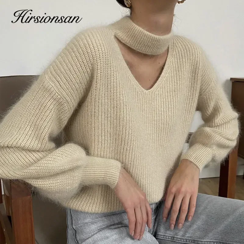 Hirsionsan Soft Warm V Neck Sweater Women Elegant Candy Color Knitted Female Pullovers Loose Cashmere Basic Knitwear Jumper