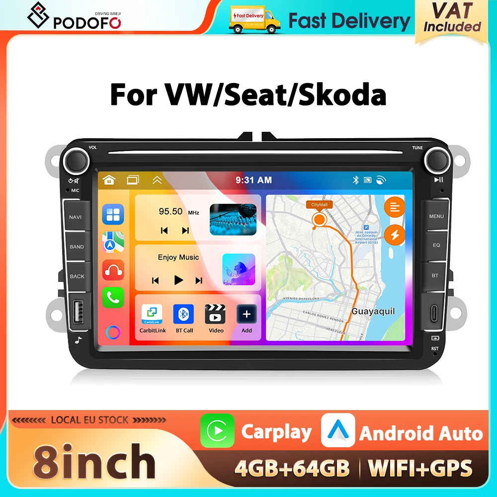 Podofo 4+64G 8'' Autoradio für VW/PASSAT/TOURAN/CADDY/POLO Multimedia-Player Carplay Android Auto WIFI GPS BT DSP RDS Autoradio