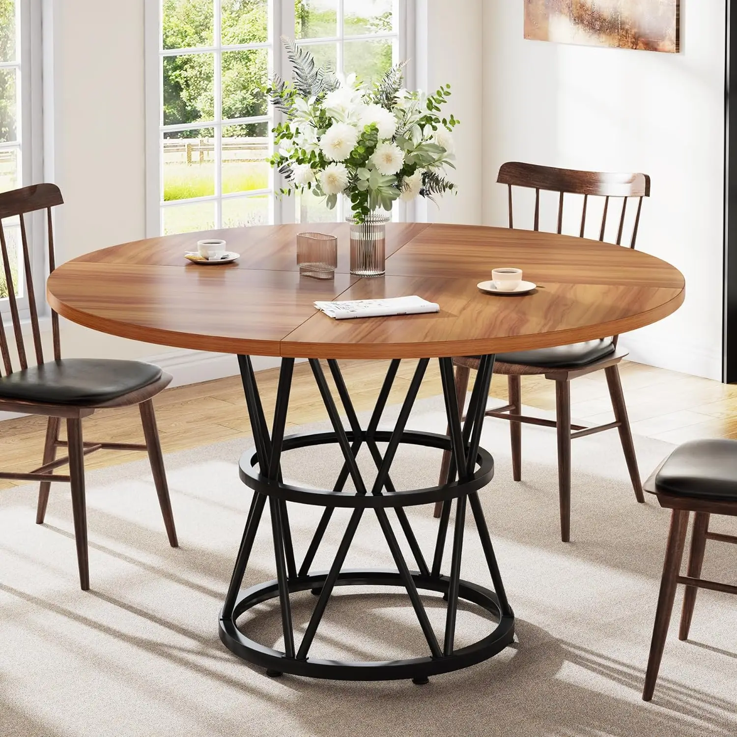 Round Dining Table for 4, 47 Inches Kitchen Table Circle Dinner Table,Wood Dining Room Table for Kitchen Living Room, Metal Base