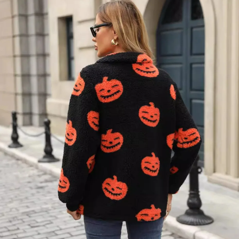 Flash Velvet 2025 Autumn and Winter Halloween Pumpkin Print Half Zipper Warm Pullover Women's Sweater