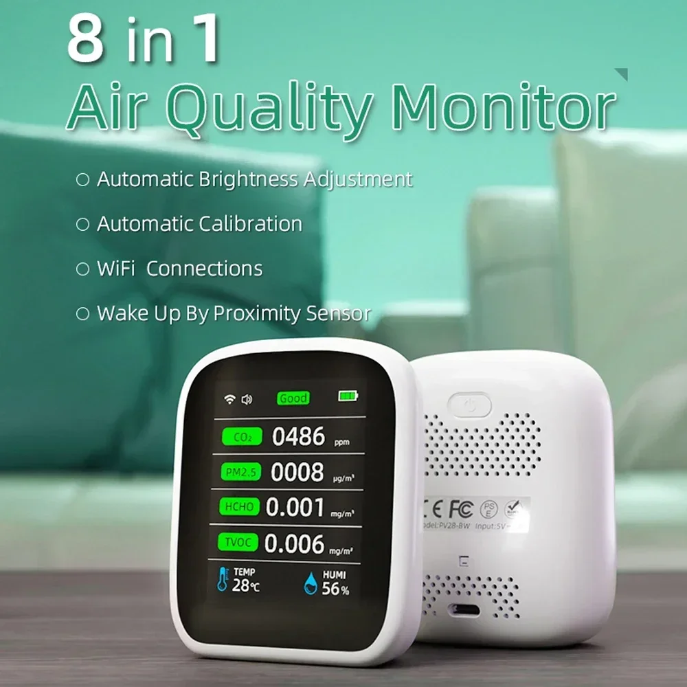 WIFI 8 in 1 Monitor della qualità dell'aria CO2 HCHO TVOC PM1.0 PM2.5 PM10 Tester Misuratore di umidità della temperatura Rilevatore di anidride carbonica Più recente