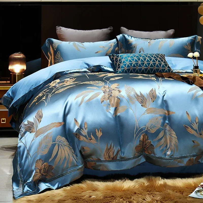 Luxury Mulberry Silk Fiber Jacquard Bedding Set  4-piece Duvet Cover Set 200*230CM Beding Kit Simple Nordic Style