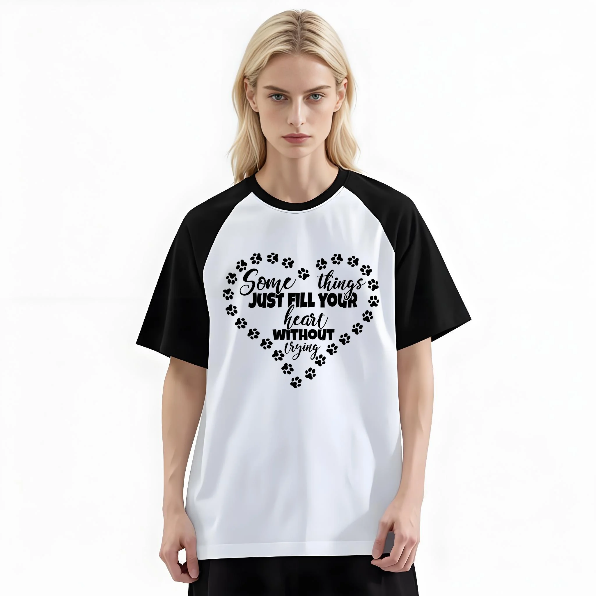 Women'S Fashion Raglan Sleeve T-Shirt, Some Things Just Fill Your Heart Without Words Paw Heart Printed, Summer Casual Comfortable Tee, Women'S Everyday Short-Sleeve Top