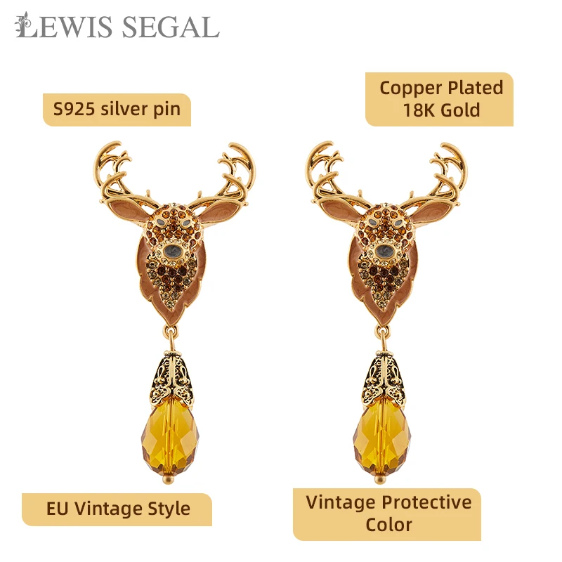 أقراط LEWIS SEGAL-Citrine للنساء ، رأس غزال عتيق ، طراز القرون الوسطى ، مجوهرات راقية فاخرة ، مطلية بالذهب عيار 18 ، هدية حفلات غير رسمية