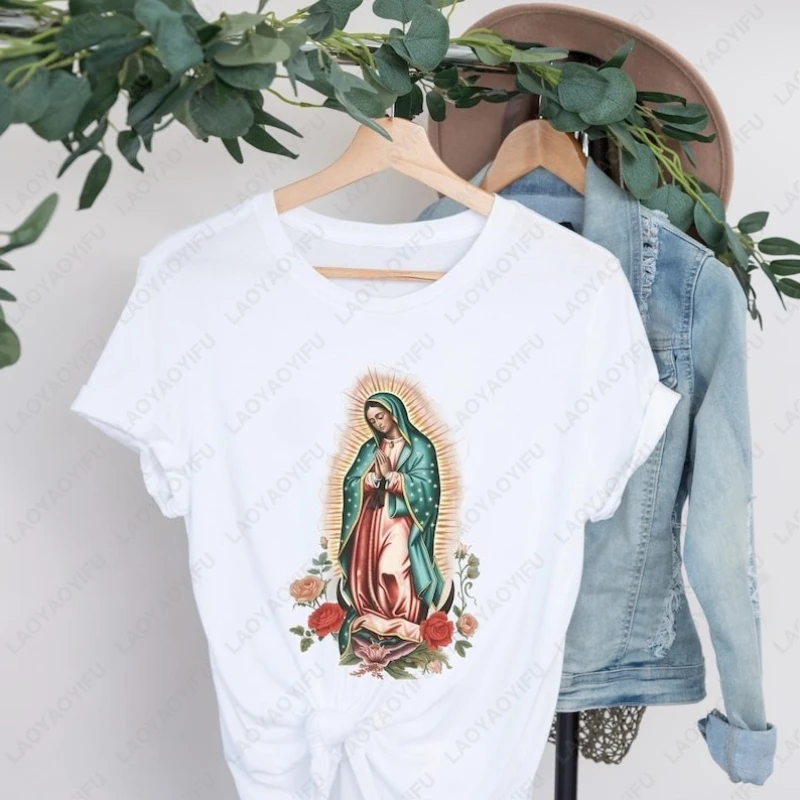 العذراء دي غوادالوبي ماري التي شيرت الكاثوليكية هدية المكسيكية الدينية النساء الرجال Camisetas الاتجاه المسيحي تيز ملابس علوية من القطن مريحة