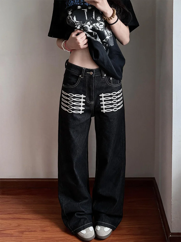 plus Size American Stitched Embroidery Denim Casual High Waist Straight Leg Long Pants Women Street Fashion Loose Slimming