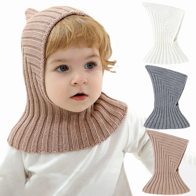 One-Pieces Baby Hat Scarf Autumn Winter Kids Knitted Hats for Boys Girl Windproof Pullover Beanie Neck Ear Warm Accessories 1-3Y