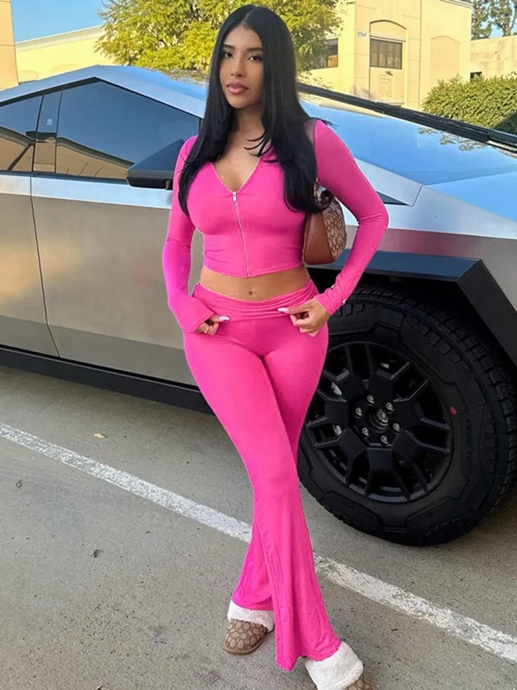

Women Solid Casual Sporty 2 Piece Pant Set Long Sleeves Zipper Hoodie And Flare Pants Matching Set Streetwear 2025 Autumn Winter