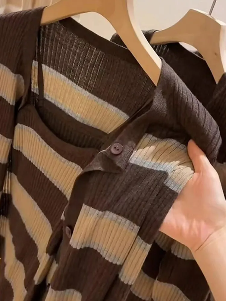 

Корейский вязаный открытый кардиган, жилет для похудения, дизайн с ремешками, повседневный свободный полосатый модный возрастной цветной блузка, женский топ