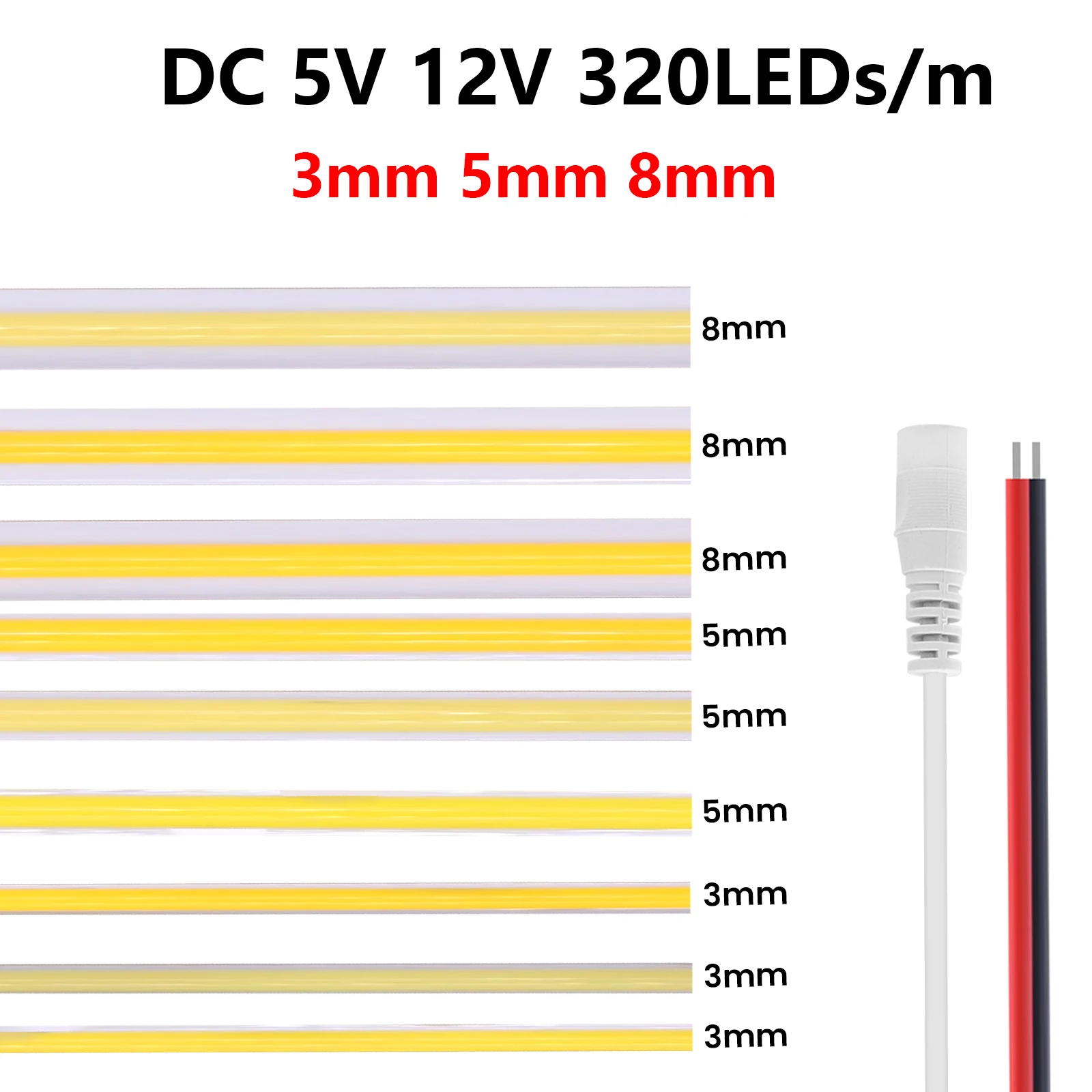 3mm 5mm 8mm COB LED Strip Light 5V 12V 320LEDs/m High Density Flexible LED Tape 3000K 4000K 6000K Kitchen Under Cabinet Light