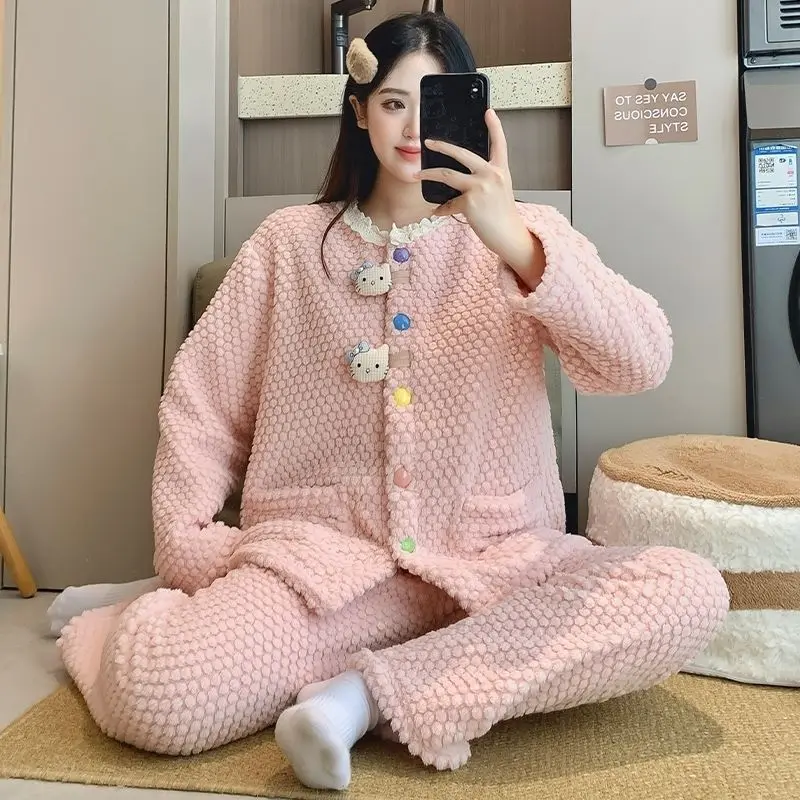 

Pink Color Soft Hello Kitty Pajamas Girls Spring Autumn Winter Flannel Coral Fleece Thickened Warm Cartoon Cute Home Clothes Set