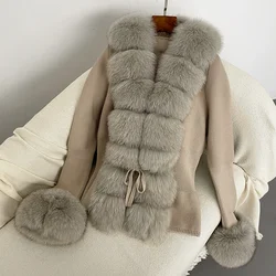 2024 New Autumn-winter Women's Fur Coat Luxury Patchwork Knitted Sweater Bandage Fur Cardigan Detachable Collar Jacket Fur Coat