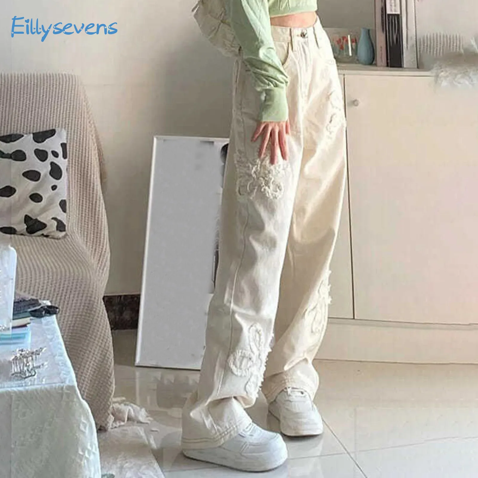 

Women'S New Denim Trousers Fashion Trend Solid High Waist Jeans With Raw Edge Flowers Causal Straight Loose Versatile Jeans