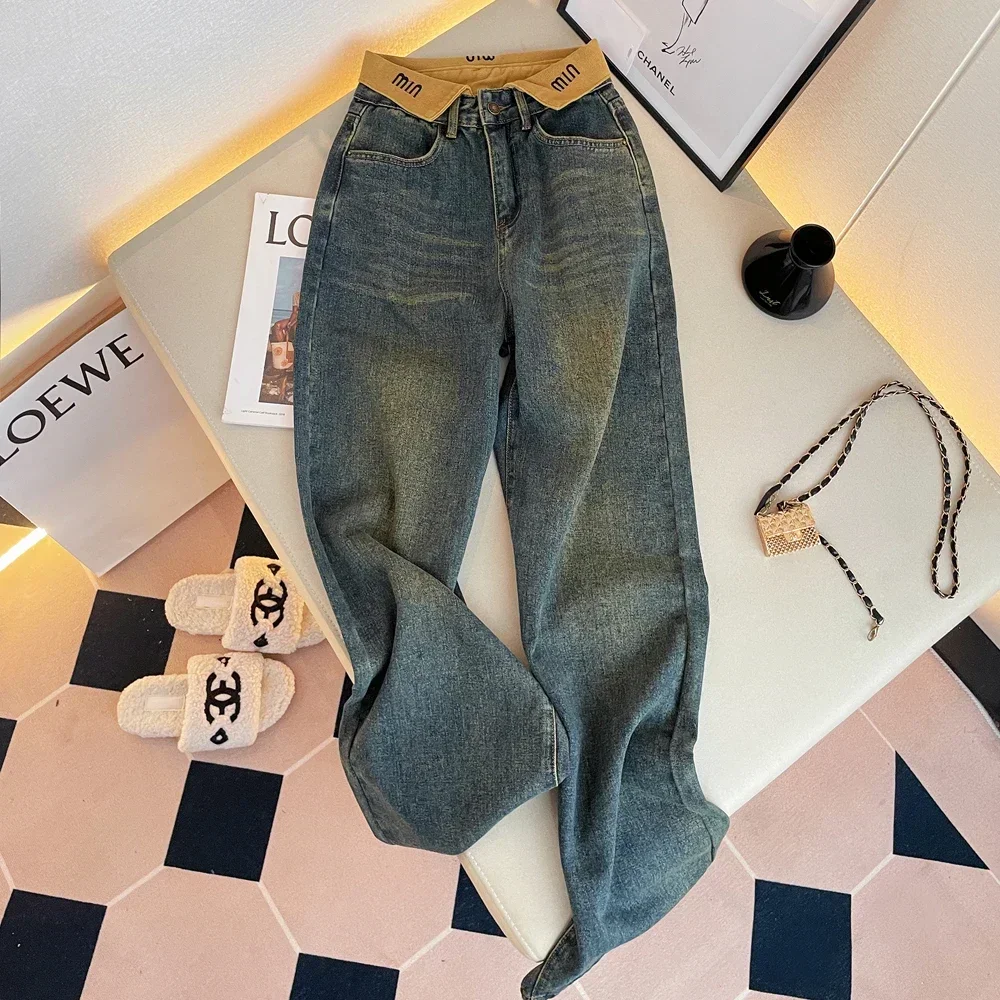 Women's Flanging Design High Waist Wide Leg Jeans Vintage Street American Style Casual Pants Female Straight Denim Trousers