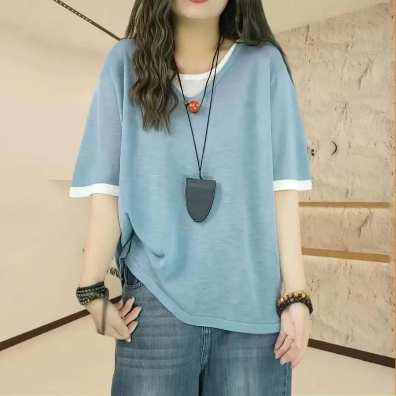 الخامس الرقبة التباين المرقعة حجم كبير بلايز عادية كم قصير وهمية قطعتين خمر تي شيرت الصيف موضة الاتجاه ملابس حريمي