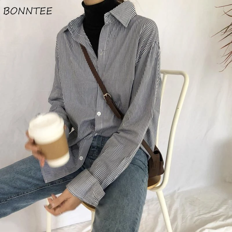 

Korean Fashion Striped Shirts Women Chic Simple Bottoming All-match Long Sleeve Camisa OL Temperament Vintage Button Tops Femme