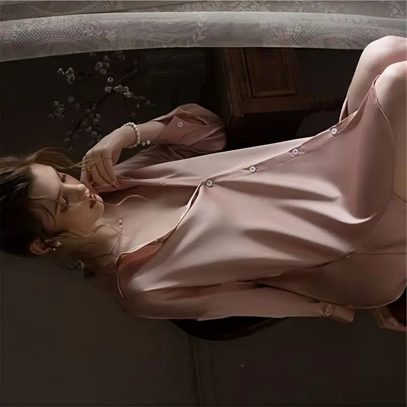 Solid Color High-end Long-sleeved Loungewear Hot-selling Thin Ice Silk Shirt Pajamas Women's Pure Desire Boyfriend Style Pajamas