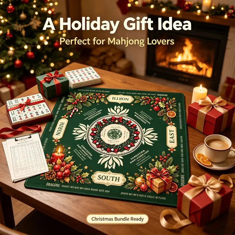 VIKAMA Christmas Mahjong Mat Wreath Bell Pine North South East West Print Non Slip For Living Room Game Night Family Decor