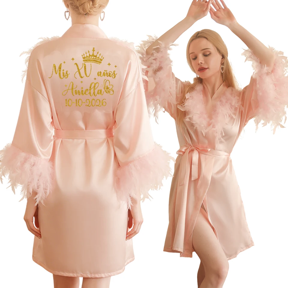 Personalized Feather Bathrobe for Women with Name And Date - Bride Bridesmaid Robe for Birthday Party Gown Mis XV Celebration view 2