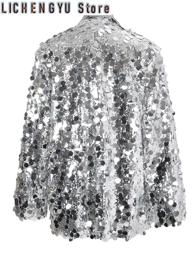 Black Sequins Shining Big Size Casual Jacket Lapel Long Sleeve Women Coat Fashion Tide Spring Autumn