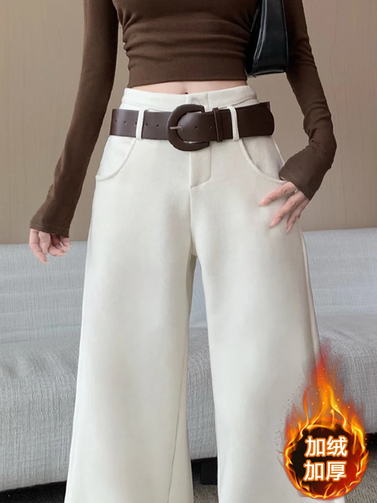 

Fashionable commuting wide leg pants women in autumn and winter high waisted slim fit thick velvet straight leg pants
