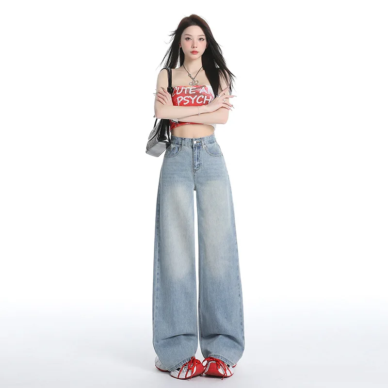 

Washed Light Blue American Casual Wide-leg Jeans. 2025 Women's Four Season New Simple Comfortable High Waist Floor-length Jeans