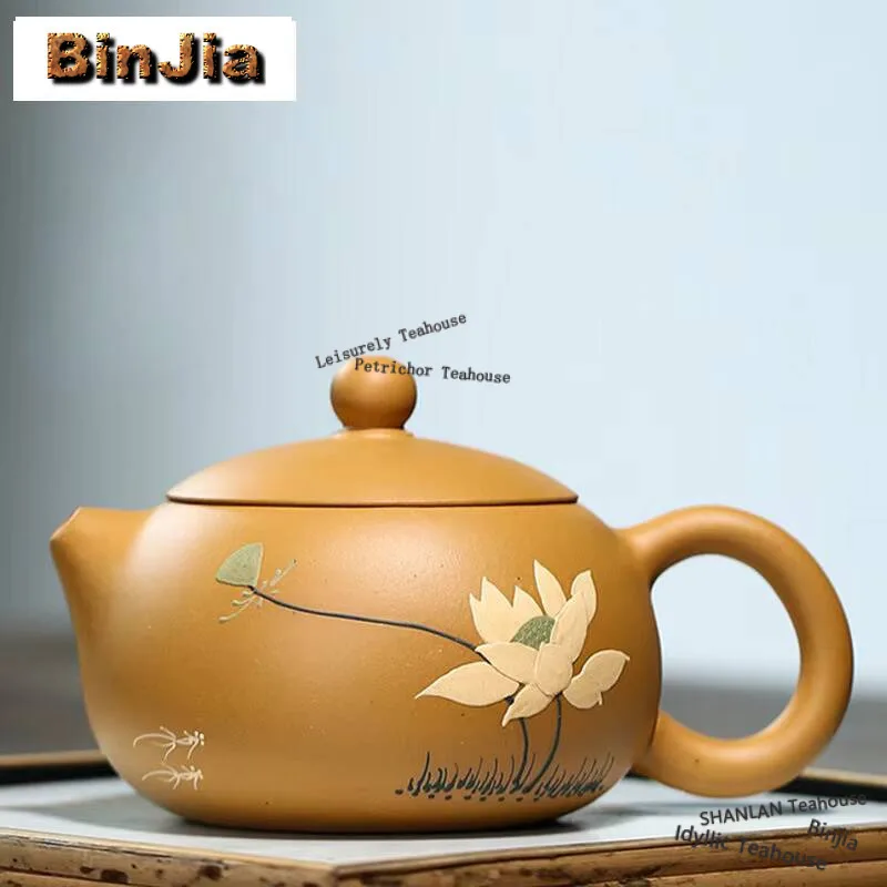 

340ml Yixing Purple Clay Teapots Handmade Lotus Xishi Pot Raw Ore Gold Section Mud Tea Brewing Kettle With Filter Zisha Tea Set