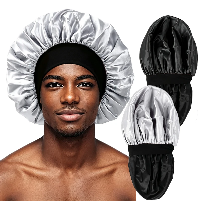 2PCS New Double Layered Satin Solid Bonnets Wide-brimmed Night Sleeping Bathing Hat Head Wrap Elastic Band Cap Multi Purpose Hat