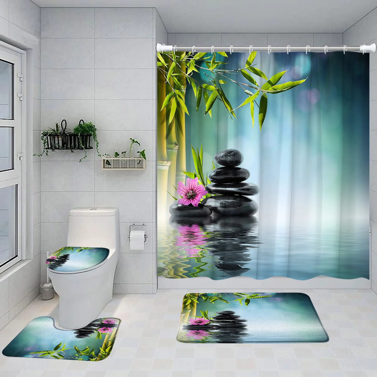 Zen Green Bamboo Shower Curtain Set Pink Lotus Orchid Grey Stone Spa Scenery Bathroom Decor Non-Slip Rug Bath Mats Toilet Cover