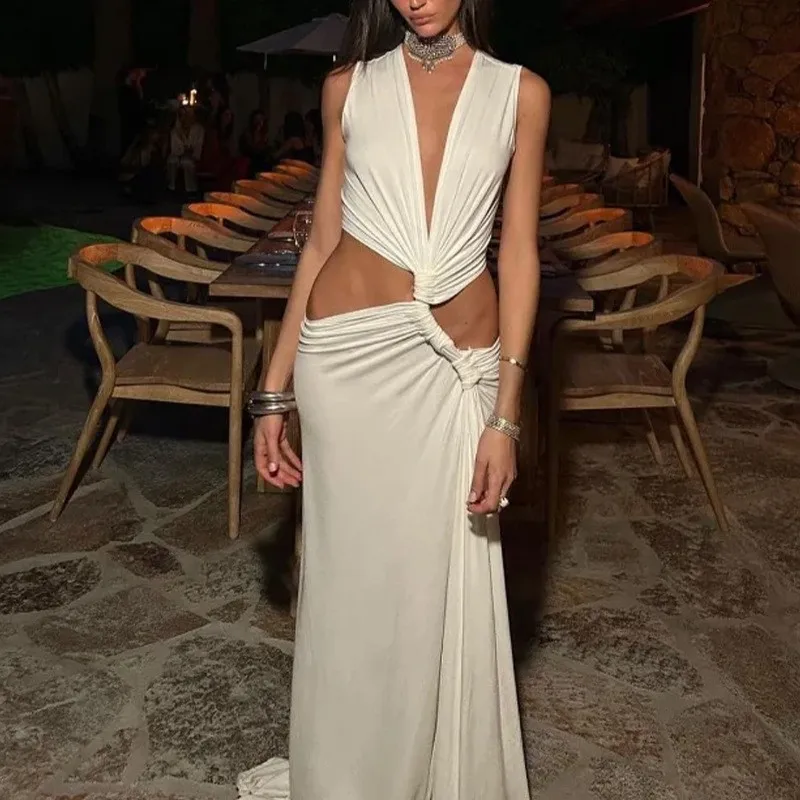 Women's Elegant Asymmetrical V Neck Long Sleeveless Solid Color Slim Fit Dress for Wedding Guest Summer Party Prom Wedding Party