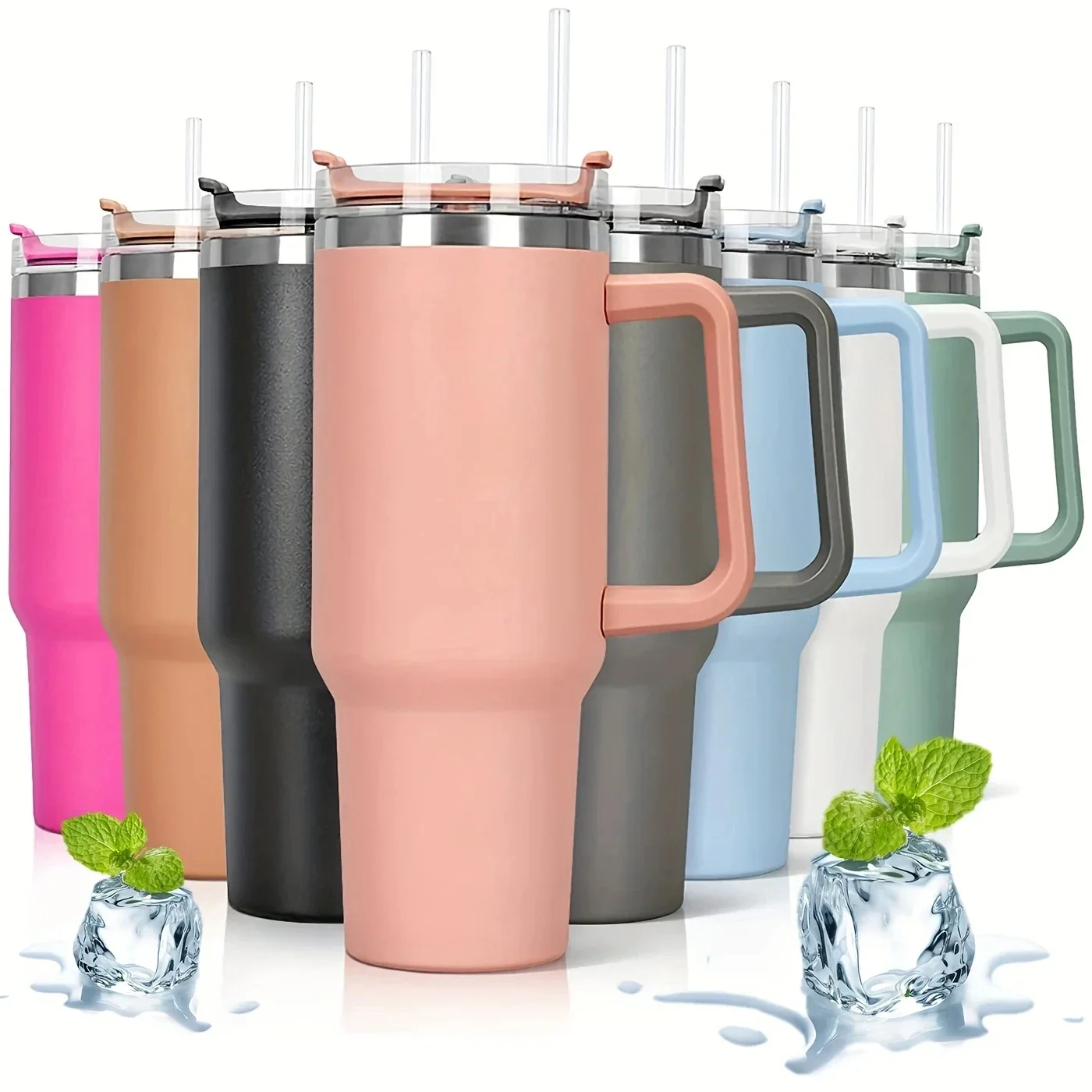 Tazas de viaje calientes aisladas de acero inoxidable de 40oz, botella de agua térmica al vacío, taza de café para coche, frasco frío con mango de paja