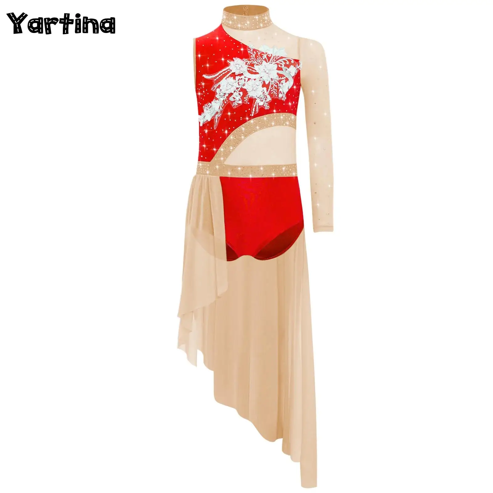 

Kids Girls Rhythmic Gymnastics Skating Ballet Jersey Lyrical Dance Dress Mock Neck Rhinestone Flower Asymmetric Overlay Dress