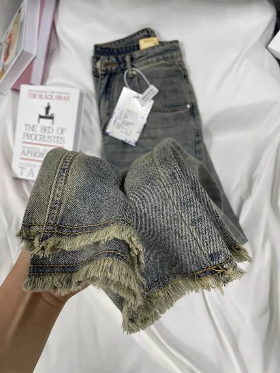 American Style High Waist Wide Leg Denim Jeans Women's Spring Summer Loose Fit Floor Length Tassel Frayed Straight Pants