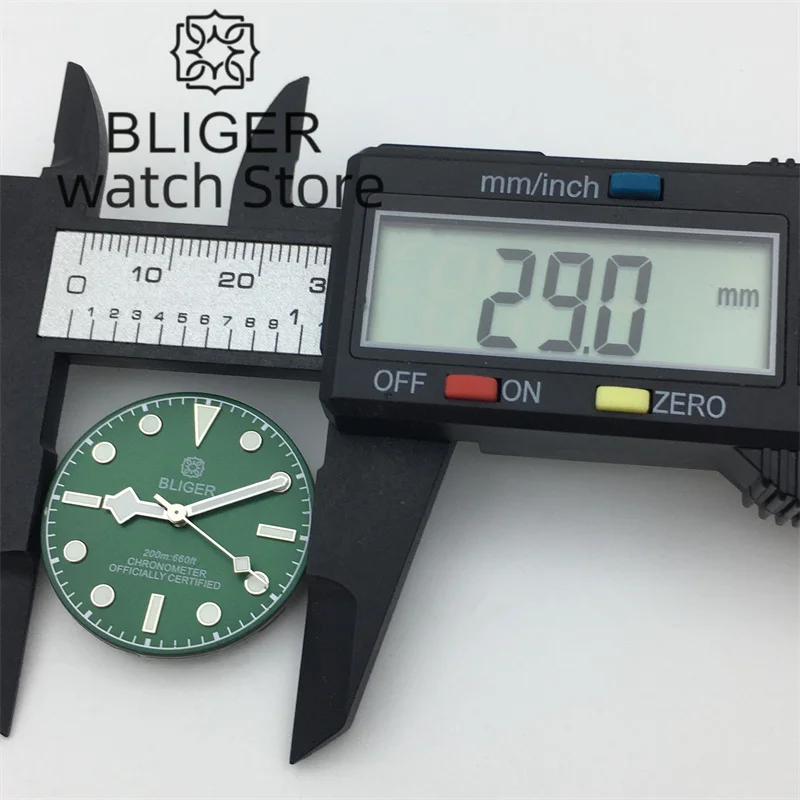 BLIGER 29mm Dial Black Gray Green Blue white Dial Tape Pointer Green Luminous Fit NH35 NH36 ETA2824 PT5000 Miyota DG Movement