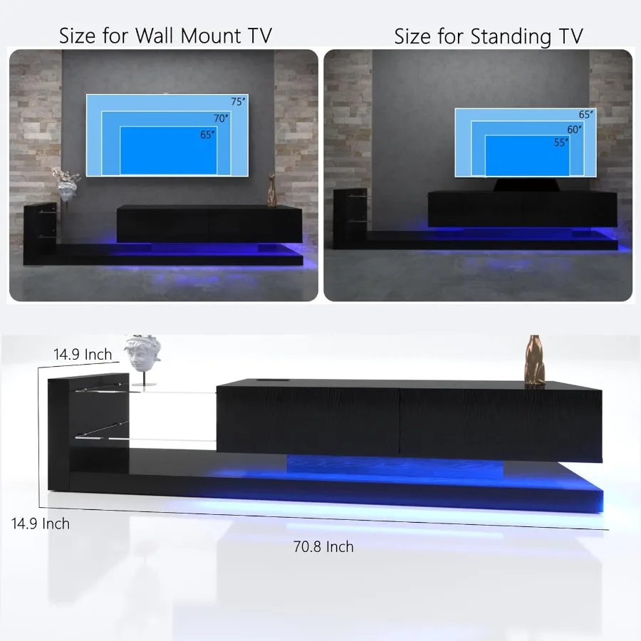 55 65 75인치 TV용 LED TV 스탠드, 강화유리가 있는 모던 엔터테인먼트 센터, 50 60 70인치 TV 콘솔 게임 미디어 콘솔