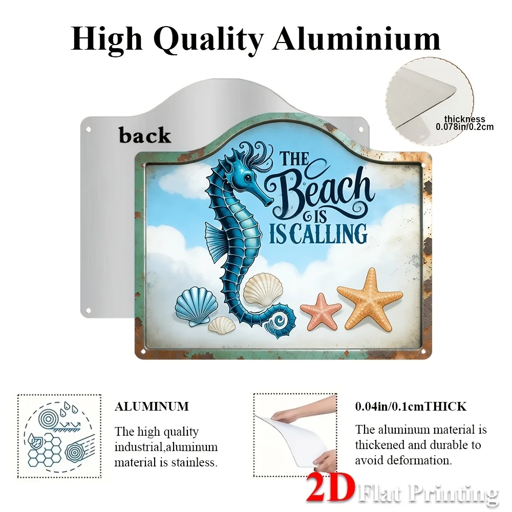 2D Flat/1pc, Metal Sign Artwork Featuring A Vintage Design That Says 'The Beach Is Calling' Along With A Seahorse And Seashells
