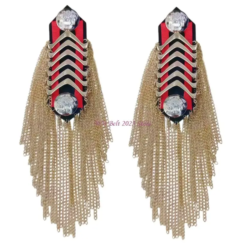 49ME Stage Outfit Shoulder Decorations Pair for Performers, Metal Tone Epaulettes with Layered Chain Fringe Detail Set